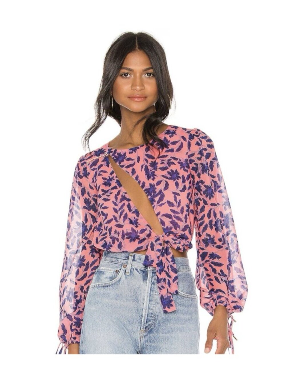 House of Harlow 1960 X Revolve Ali Long Sleeve Blouse Top S New Coral Navy Blue